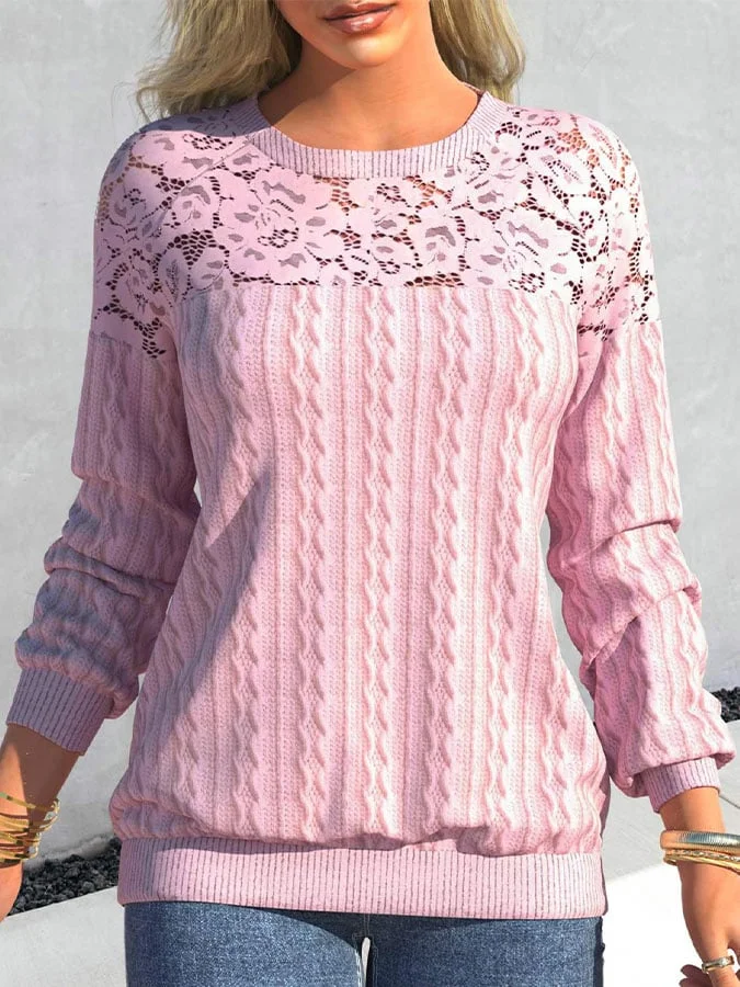 Pink Lace Patchwork Long Sleeve Round Neck Sweatshirt-mysite