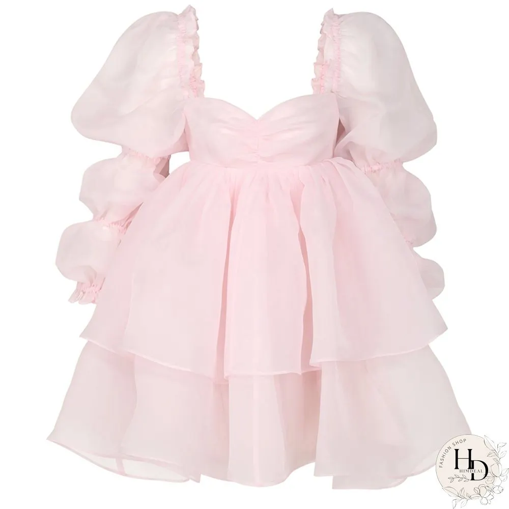 Sweet Girl Moonlight Dress Vintage Backless Long Puff sleeve Ruffles Layered A-line Women