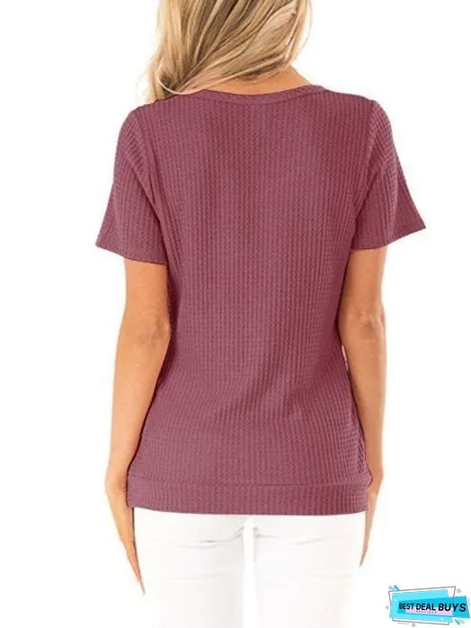 Short Sleeve V Neck Wrap Knit Top Hem Button T-Shirt