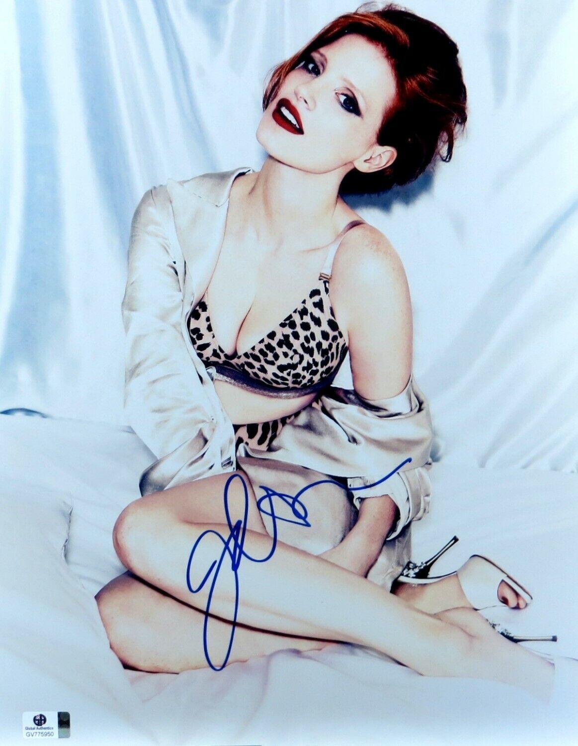 Jessica Chastain Autographed 11X14 Photo Poster painting Sexy Leopard Bra Heels JSA U16726