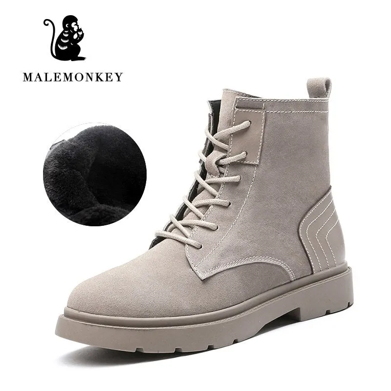 Winter Boots Women Platform 2021 Fashion Short Plush Ankle Boots Suede Leather Motorcycle Boots Non Slip Feamle Shoes Black