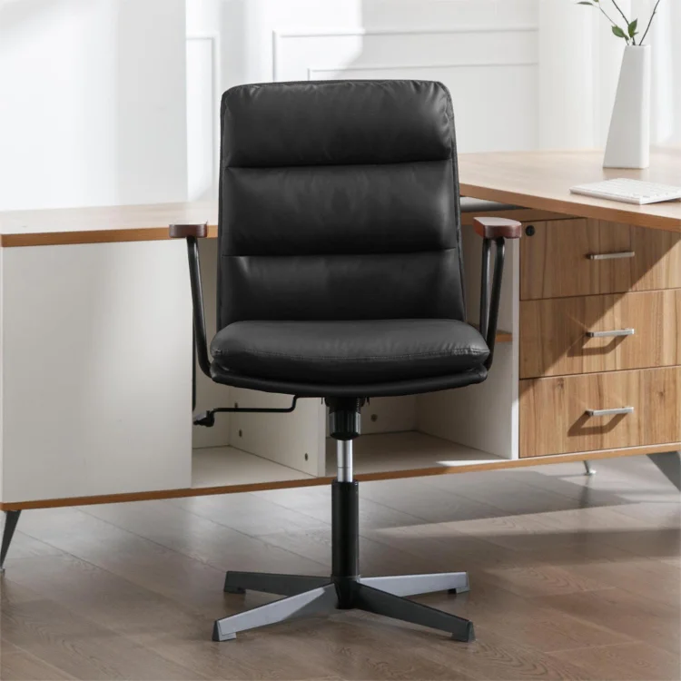 Office Desk Chair No Wheels, Swivel Chair with Retro Wooden Armrests, Criss Cross Legged Armless Computer Chair for Home Office, Mid Century Modern Adjustable Task Chair with Thick Cushion