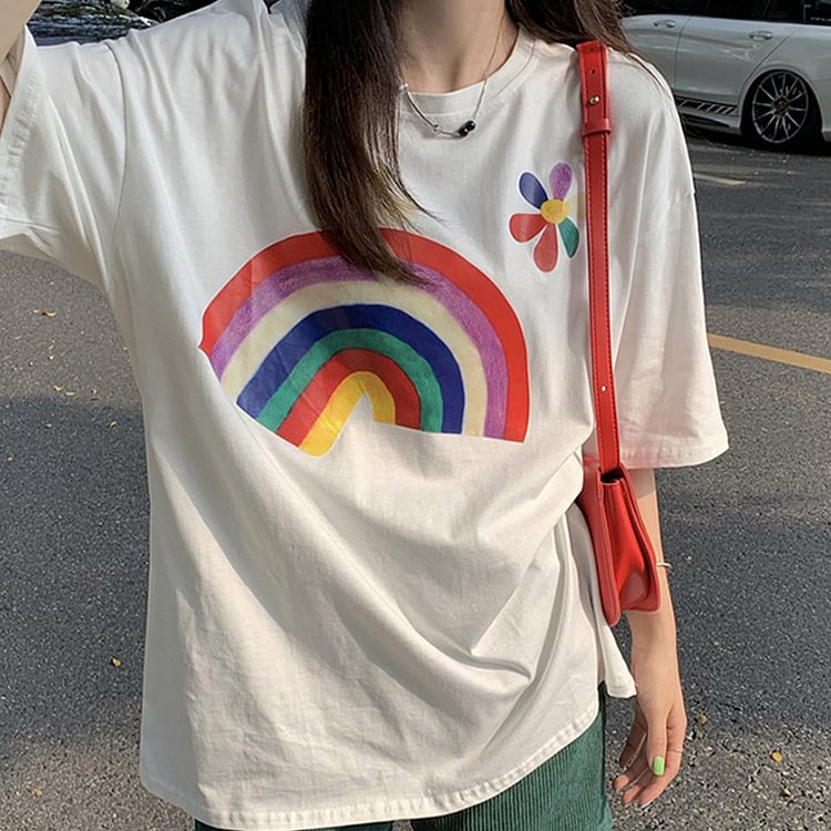 Rainbow Flowers Print Casual T-Shirt - Modakawa modakawa