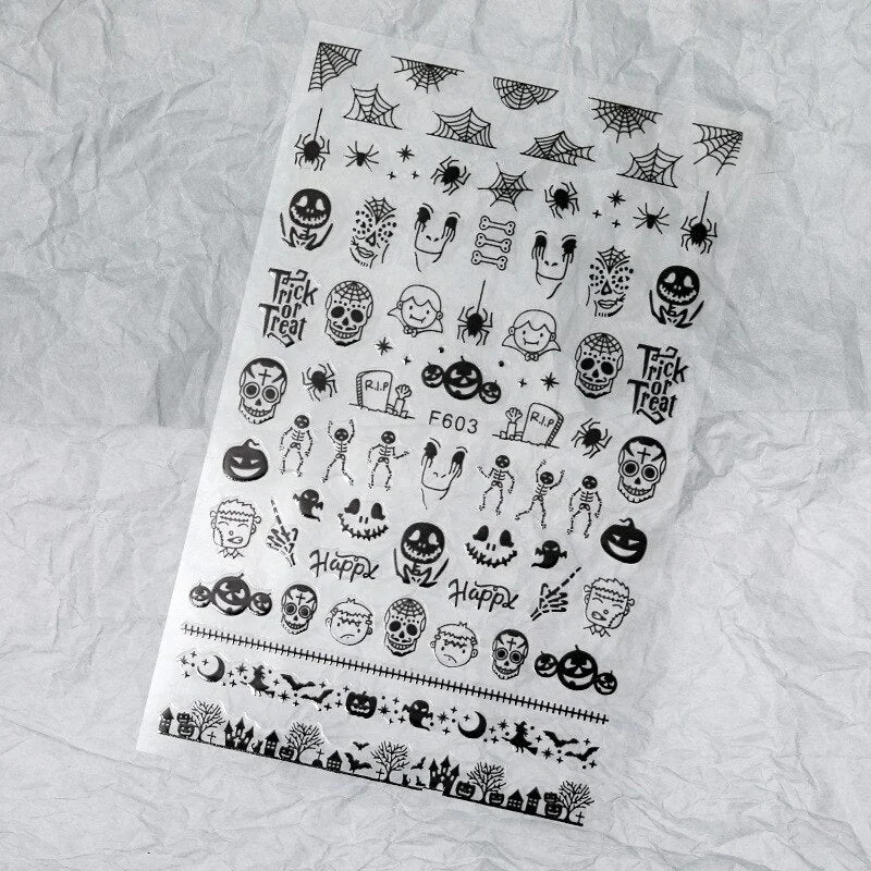 Halloween Nail Art Stickers Laser Black and White Skull Bat Spider Web Pumpkin Sticker Designer 3D Manicure Art Decals 9*16CM