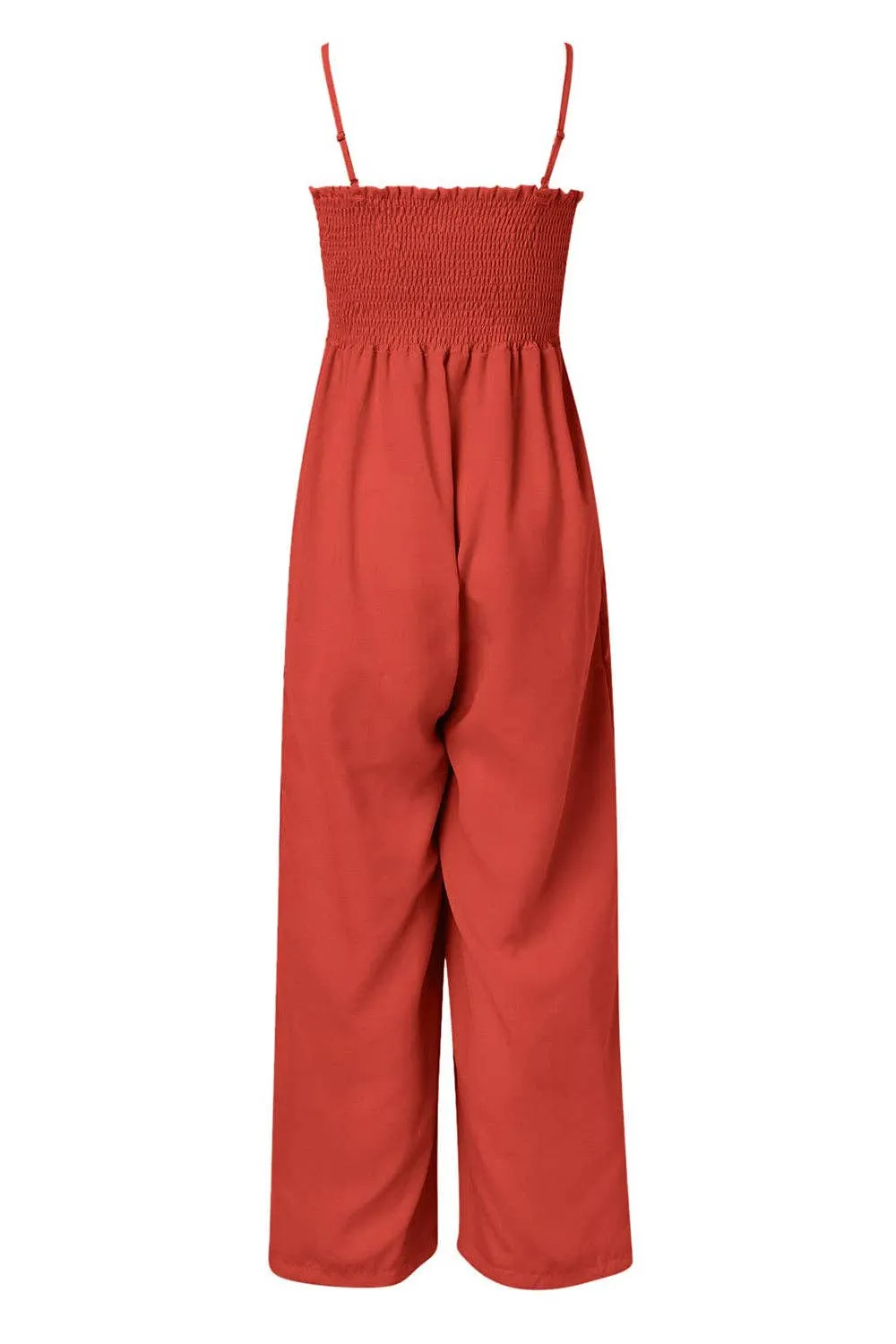 Smocked Spaghetti Strap Wide Leg Jumpsuit - Pocketed