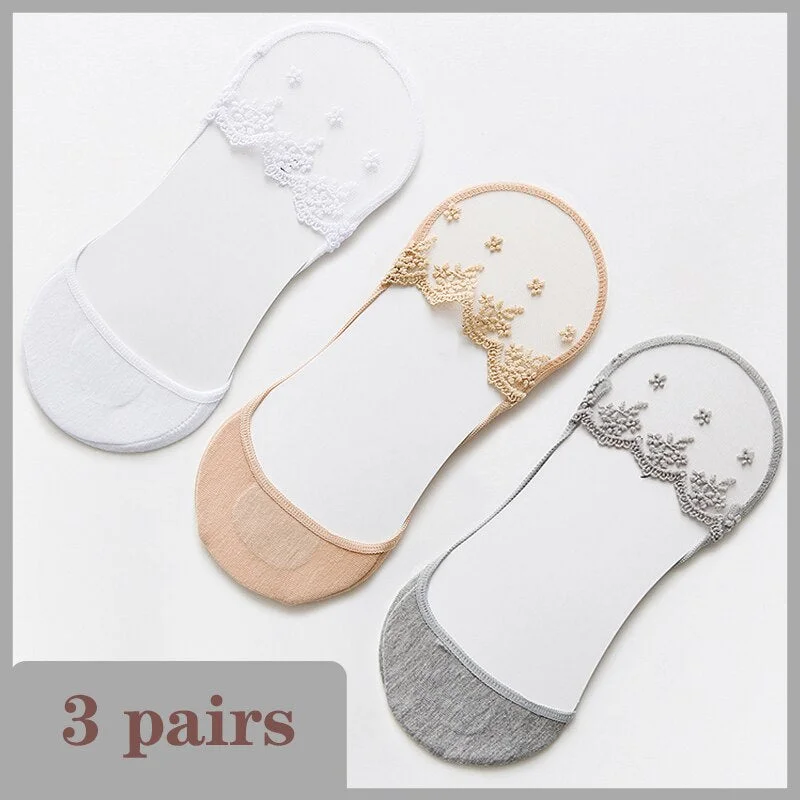 Lace Socks Women Summer Breathable High Heel Invisible Boat Socks Ankle Low Cut Sock Solid Embroidered Female Sox 3 Pairs