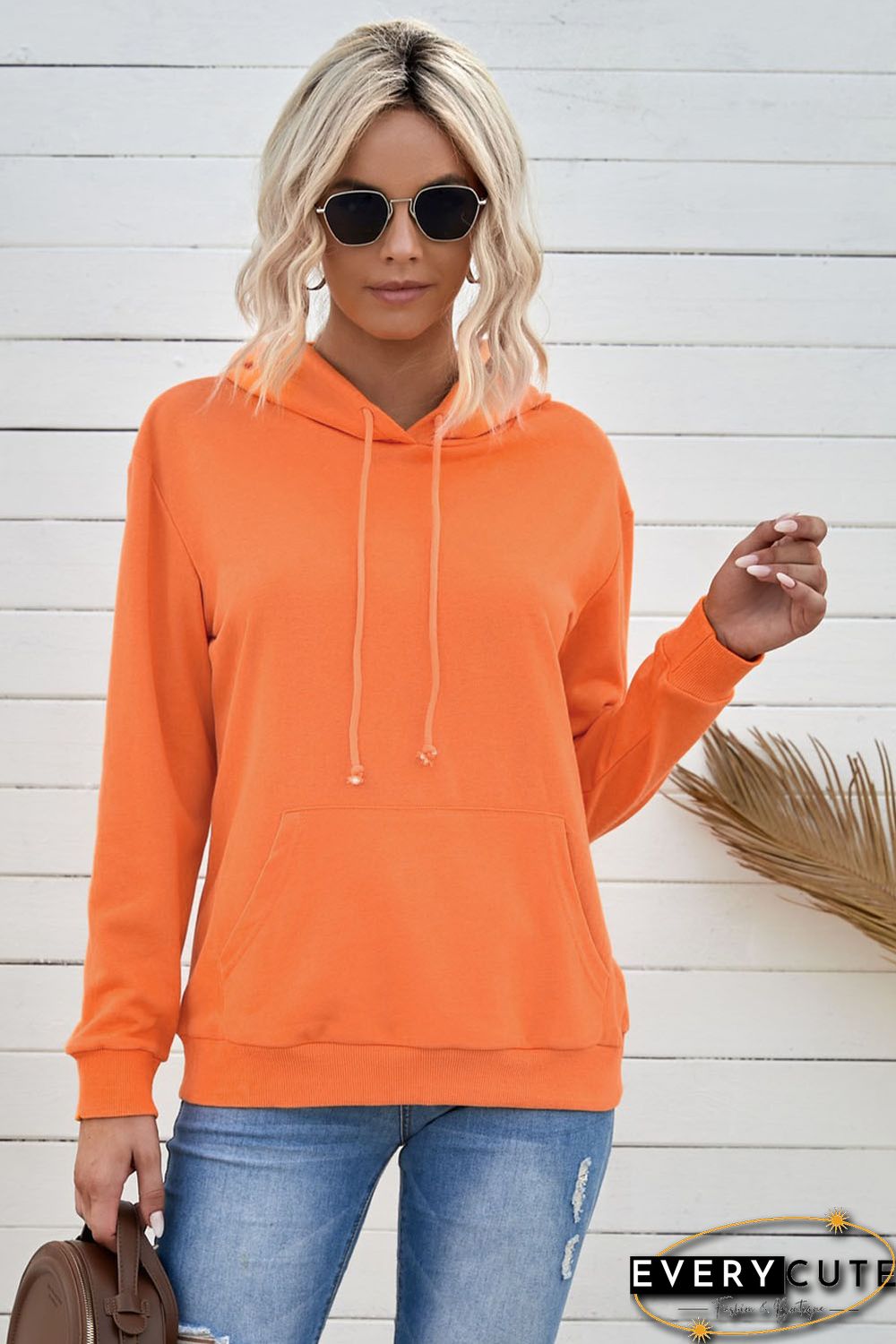 Orange Kangaroo Pocket Long Sleeve Pullover Hoodie