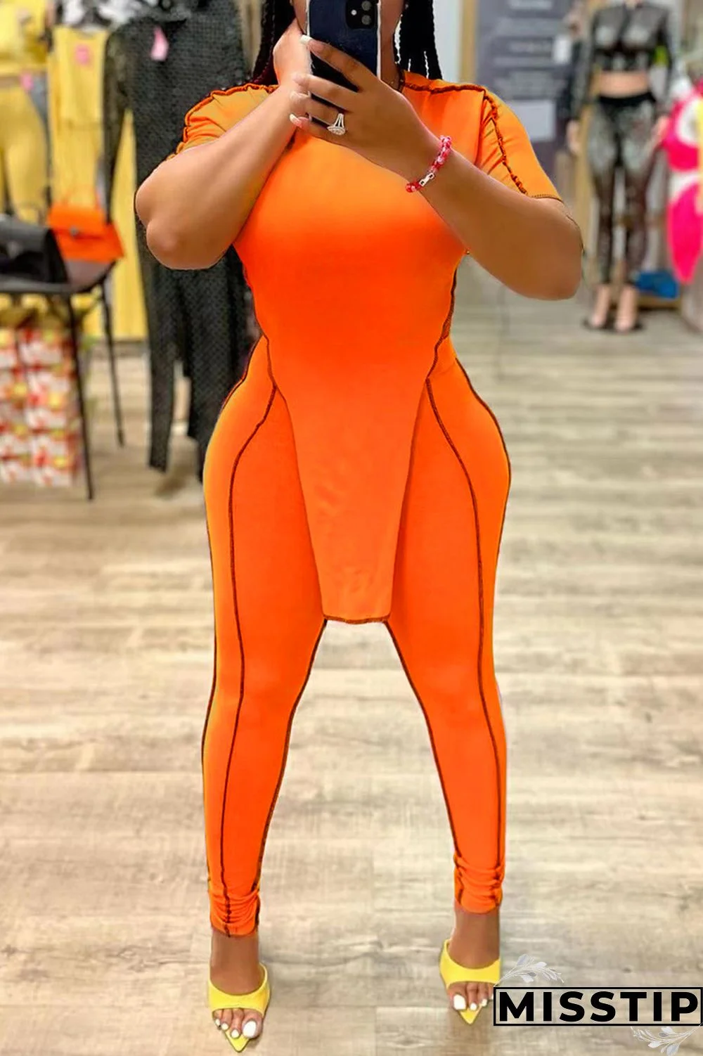 Orange Fashion Casual Solid Patchwork Asymmetrical O Neck Short Sleeve Two Pieces
