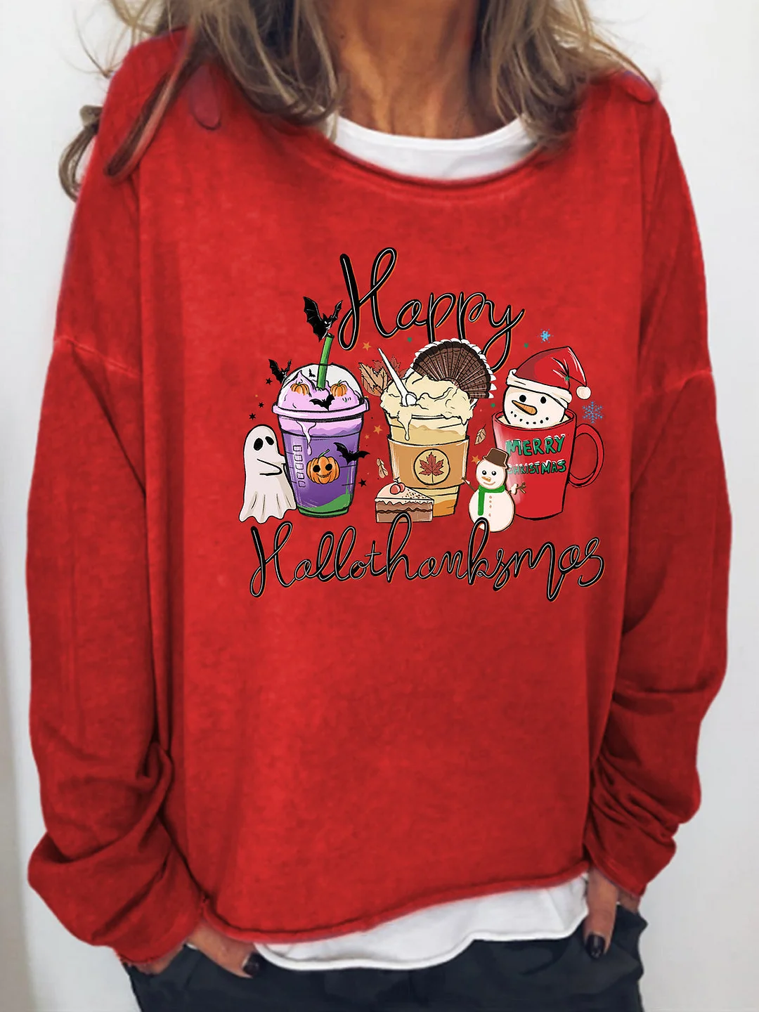 Happy Hallothanksmas Coffee Print Casual Sweatshirts