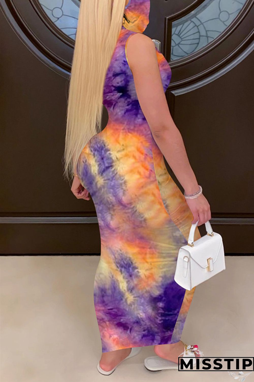 Blue Purple Fashion Casual Print Tie-dye Turtleneck Sleeveless Dress Dresses