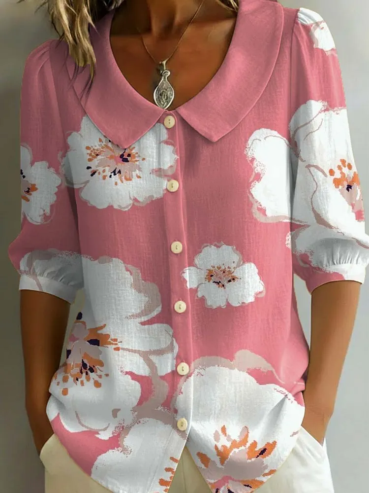 Women's Retro Floral Art Print Casual Stylish Cotton Linen Shirt