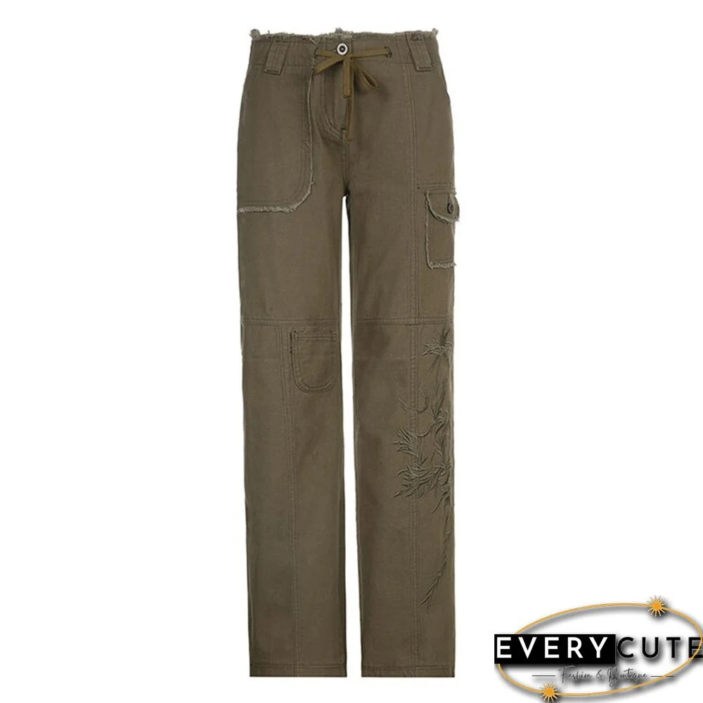 Y2k Cargo Pants Women Embroidery Flower Pattern Drawstring Low Waist Jeans With Pockets Aesthetic Grunge Trousers