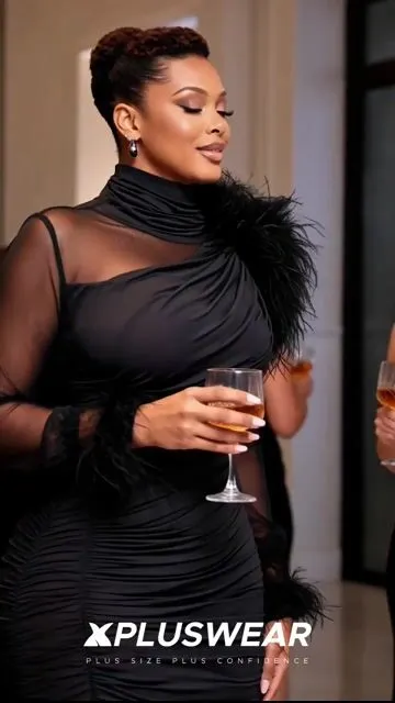Xpluswear Design Plus Size Cocktail Party Elegant Black Stand-Up Collar Long Sleeve Feather Contrast Mini Dresses 2024 - Xpluswear