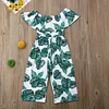 Kids Girl Off-shoulder Printed Green Leaf Jumpsuit Set