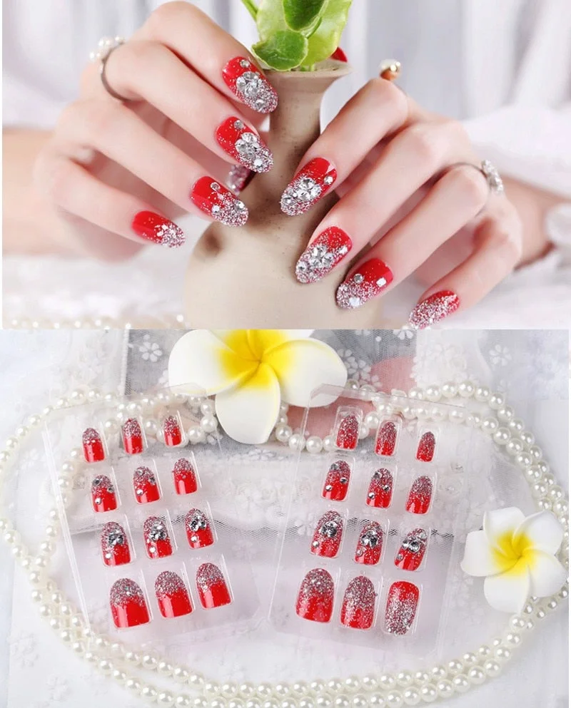 24Pcs/Set Fake Nails Press on Girls Finger Beauty False Nail Art Tips Bright Shining 3D Diamond Full Cover French Nail Art Tips-Nail Inspo
