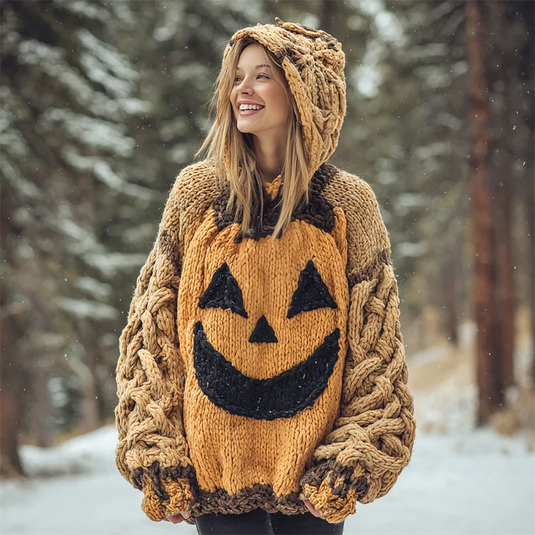 Halloween Pumpkin Lights Women's Chunky Knit Hooded Sweater