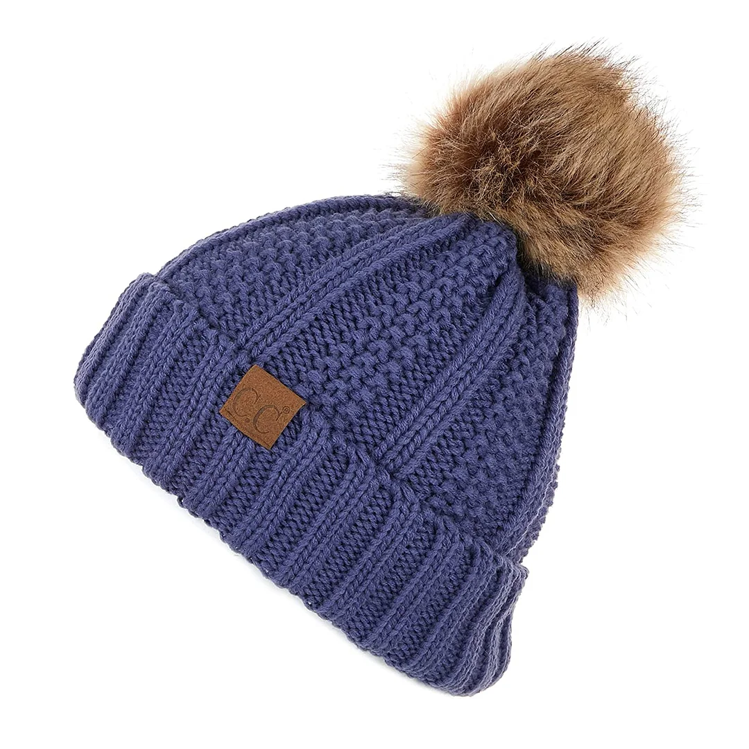 Fuzzy Lined Knit Fur Pom Beanie Hat (YJ-820)