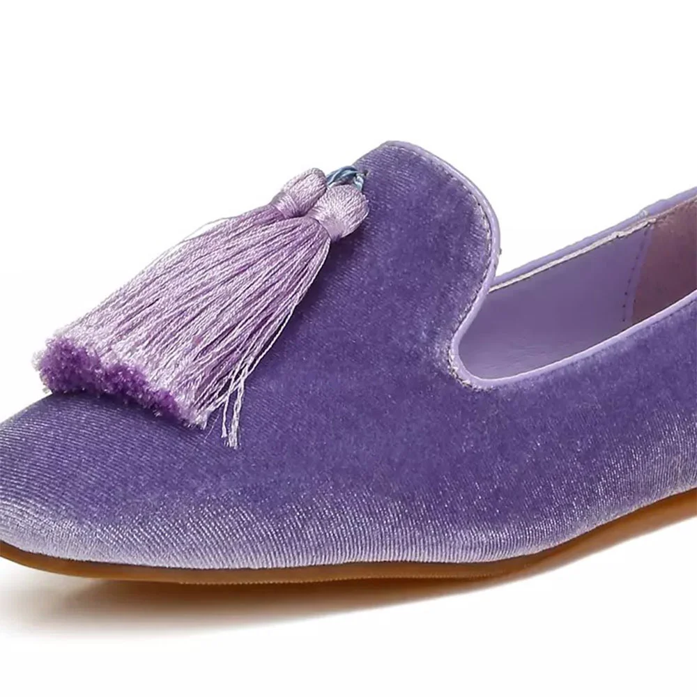 Velvet Tassel Decor Round Toe Loafer Shoes Women in Purple