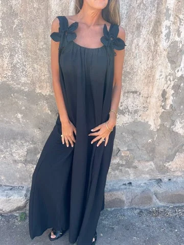 💕 Solid color dress for women with floral strap and U-neckline