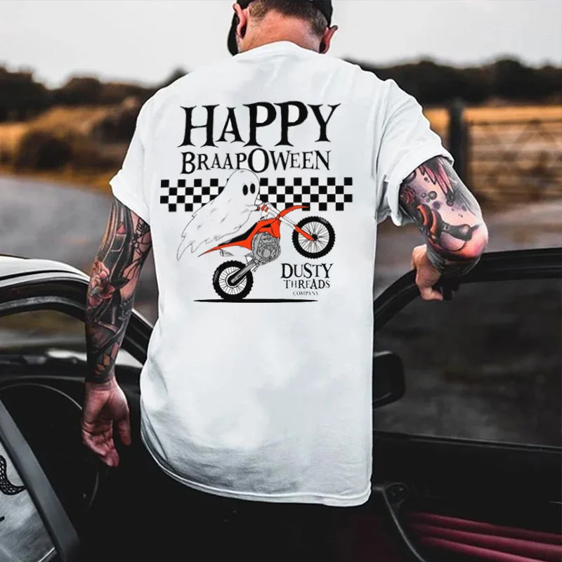 HAPPY BRAAPOWEEN Ghost Motorcyclist Print Men's T-shirt