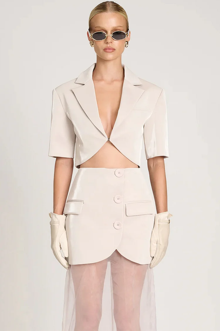 Lapel Collar Cropped Blazer Two Piece Skirt Set-Beige [Pre-Order]