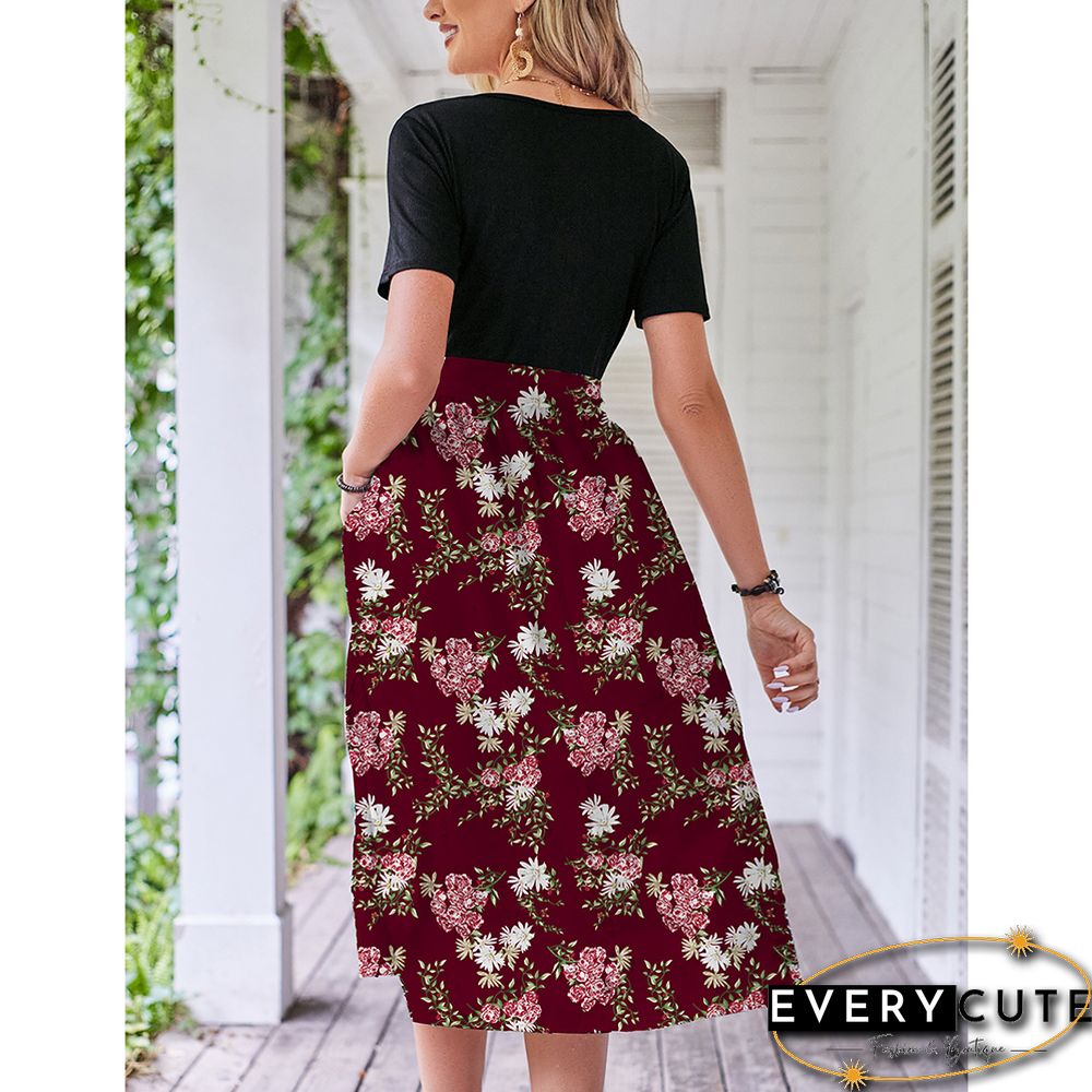 Burgundy Floral Print Spliced Short Sleeve Dress
