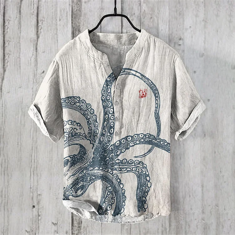 Japanese Art Vintage Octopus Graphic Painting Art Linen V-Neck Shirt