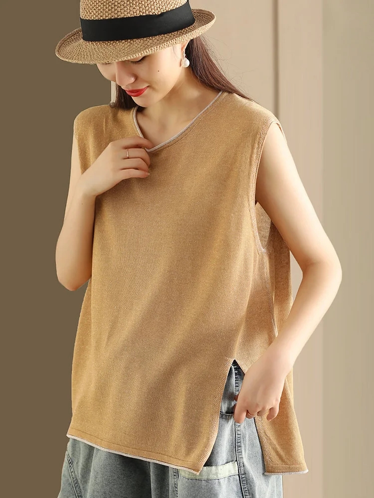 Women Summer Casual Solid Color Split Hem Knitted Linen Vest