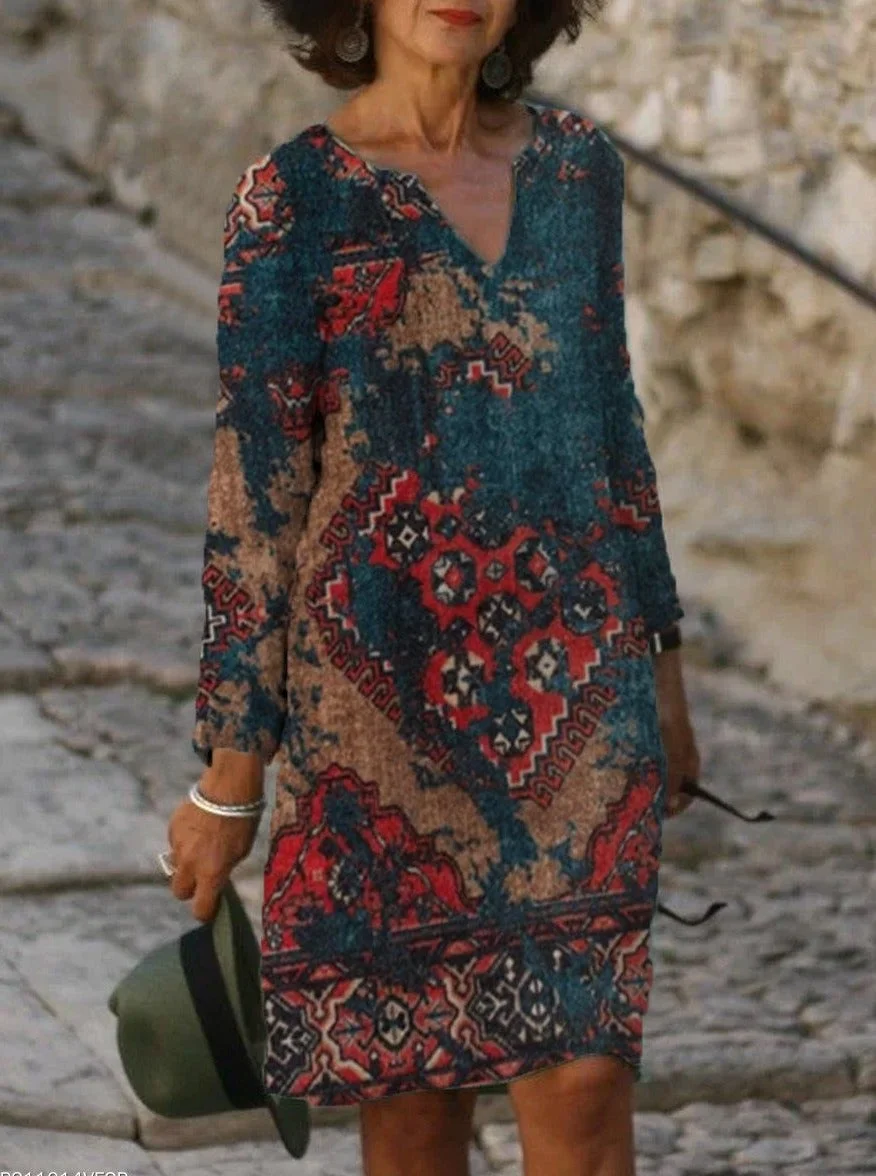 Casual Vintage Geo Print V-Neck Long Sleeve Midi Dress Women
