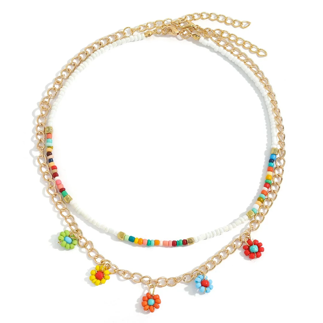Dvacaman Boho Colorful 2pcs/set Beads Chain Necklace Trendy Ethnic Multi Layer Beaded Choker Necklace for Women Party Jewelry