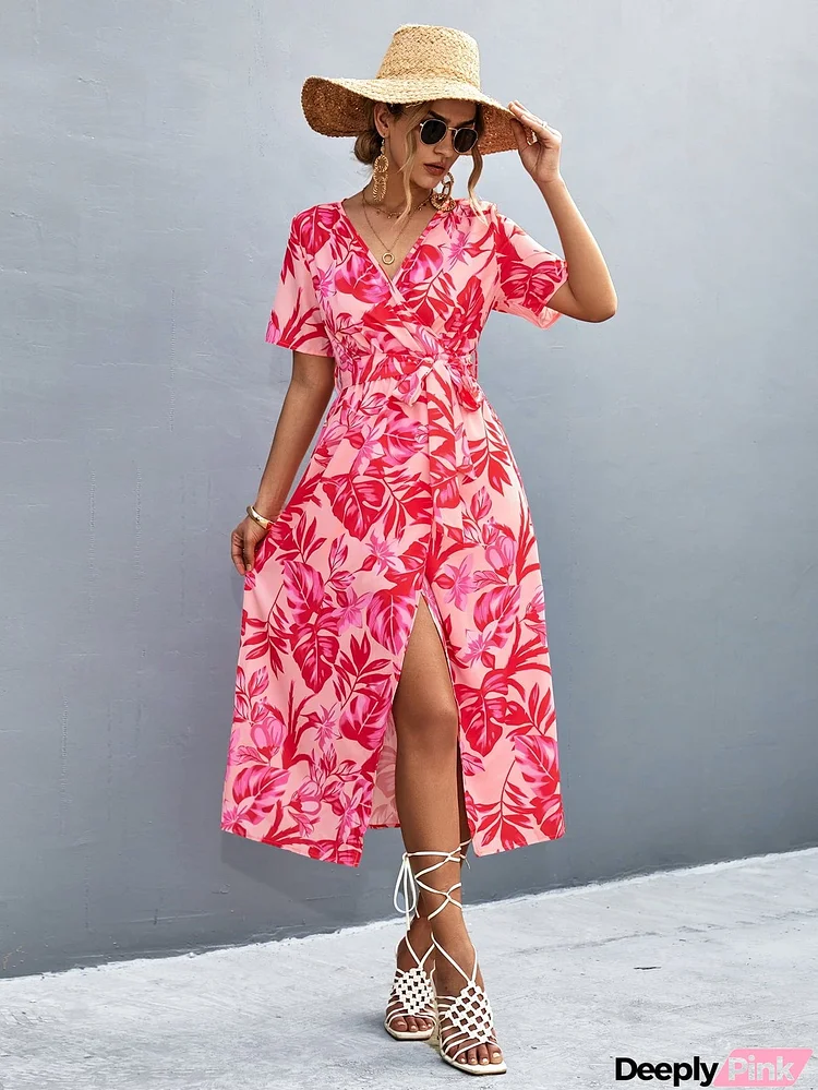 Floral Print High Slit Surplice Neck Tie Waist Midi Dress