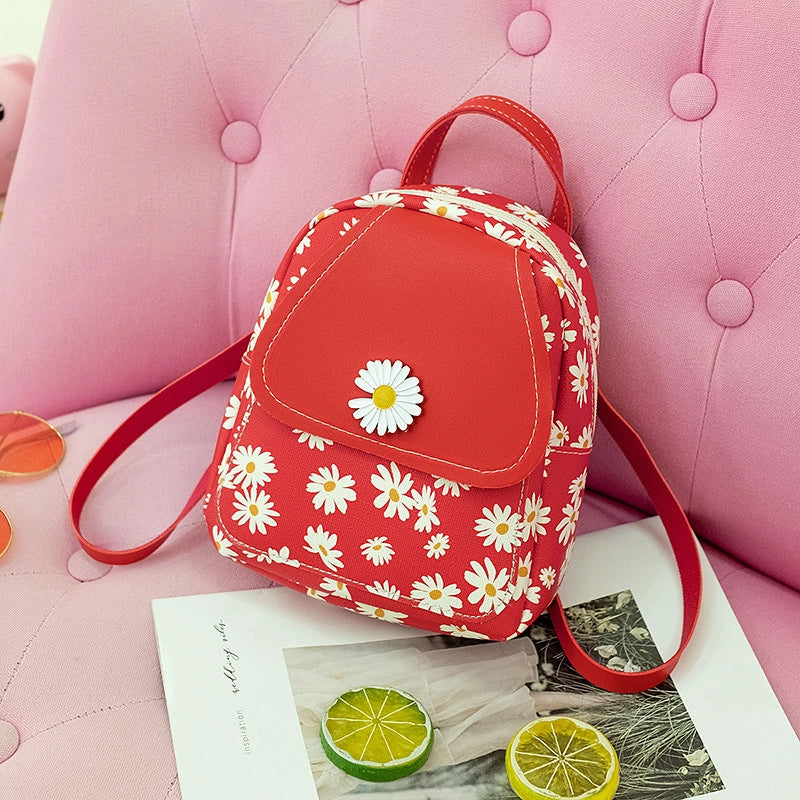 Women’s Small Pu Leather Daisy Cute Streetwear Square Zipper Zipper Backpack