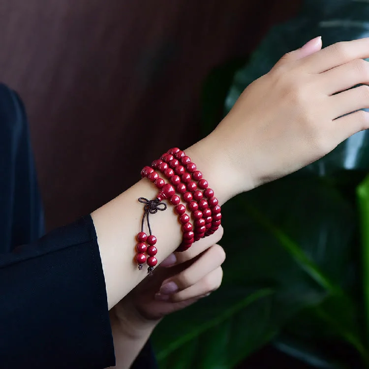 Cinnabar 108 Mala Beads Om Mani Padme Hum Pattern Engraved Blessing Bracelet