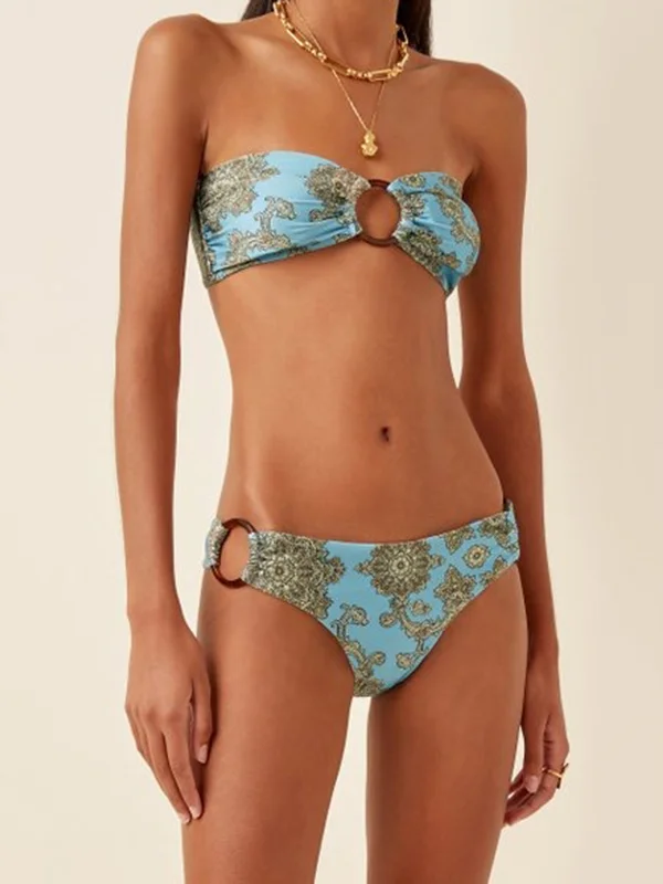 Bandeau Split-Joint Floral-Print Bikini Swimwear