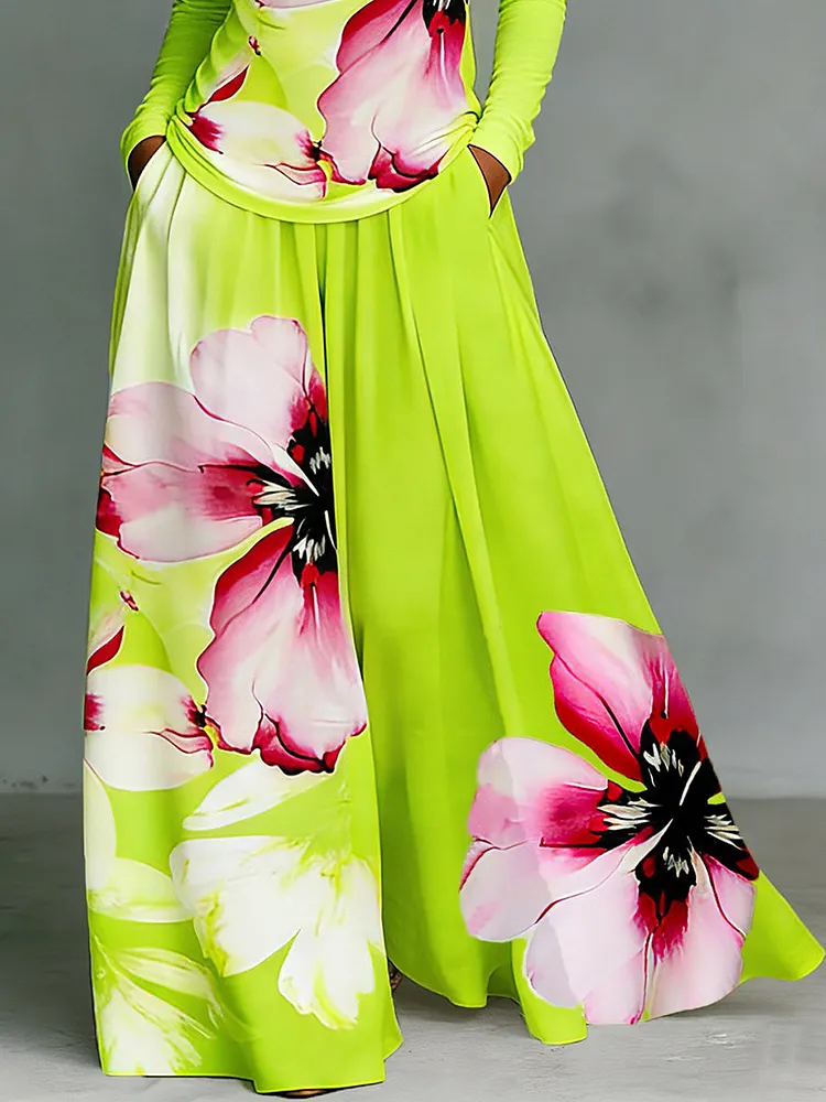 High Waisted Loose Contrast Color Flower Print Pleated Pockets Pants Trousers