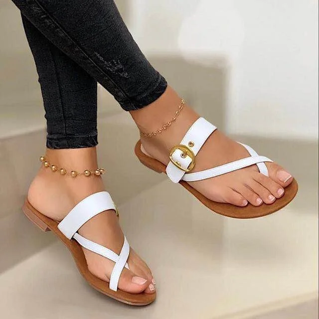 Yyvonne Cool Slippers Women's 2025 Spring Round Head Casual Clip Metal Belt Buckle Flat Bottom Slippers
