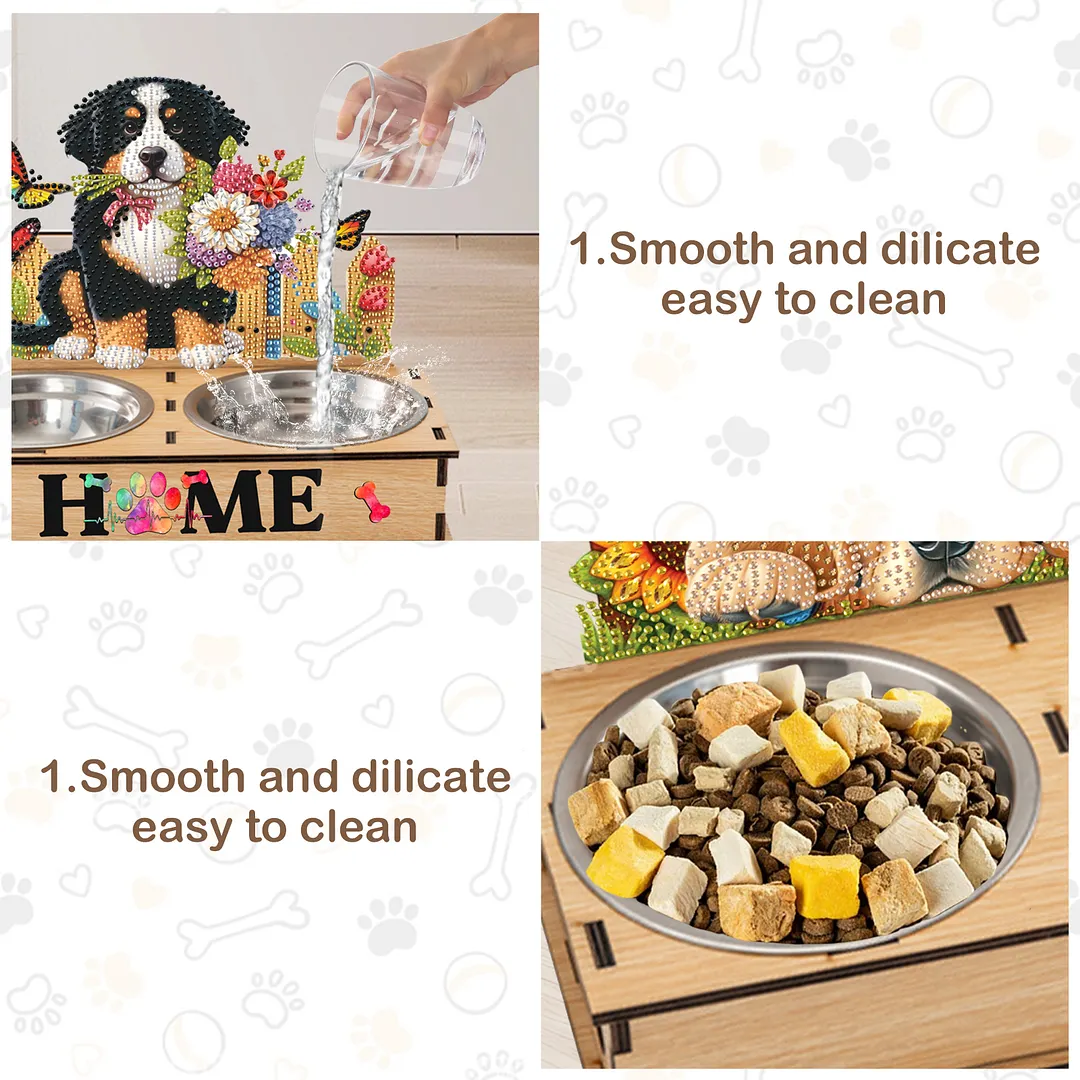 Diamond Painting Food Bowl with Wood Stand Diamond Art Dog Bowl for Small Dogs