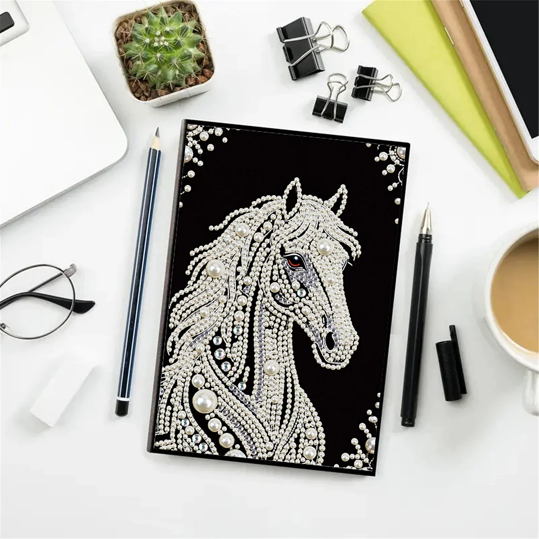 Horses Partial Pearl DIY 50 Pages A5 Diamond Painting Notebook Special Shaped Diamond Art Diary Book Kits Wireless Strip 5D Crystal Art Paintings Sketchbook for Art Drawing