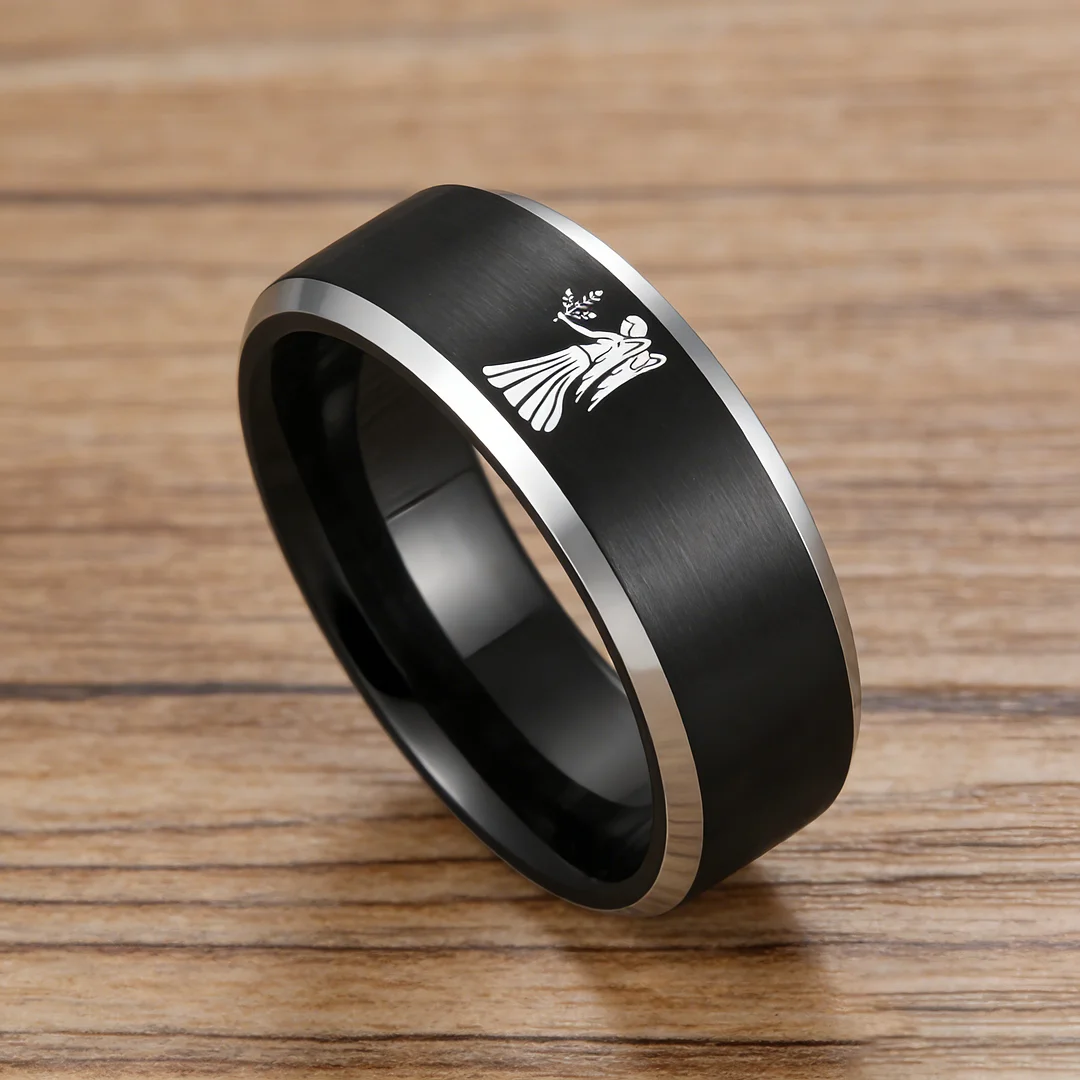 Beveled Edges Black Laser Etched Tungsten Carbide Rings Black Virgo Couple Wedding Bands 4MM 6MM 8MM