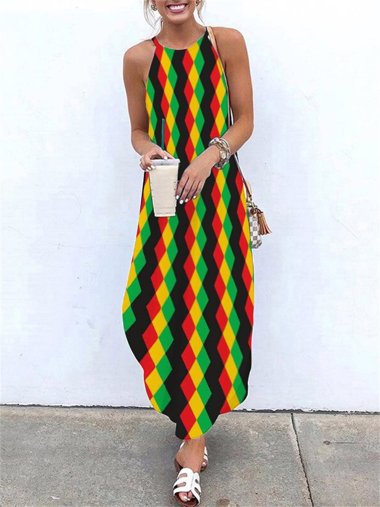African Color Geometry Stripe Print Flowy Comfy Dress