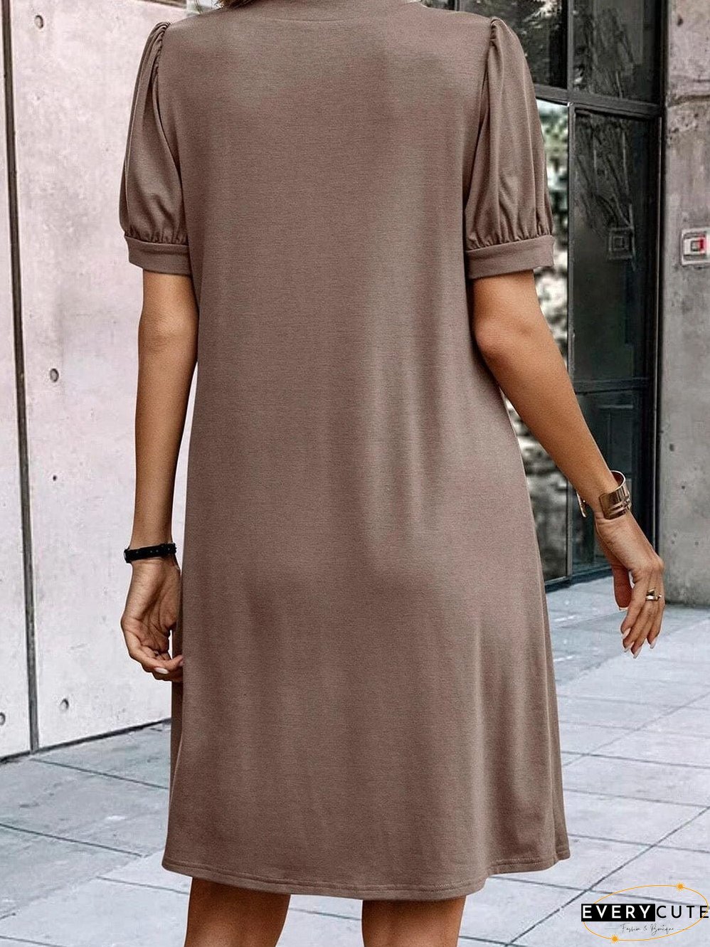 Desert Palm Pleated Notched Neck Puff Sleeve Shift Tee Dress
