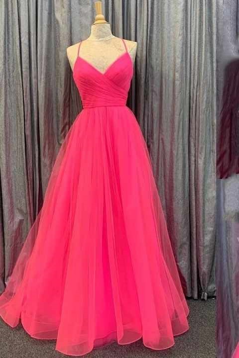 Ovlias Fabulous Rose Pink Spaghetti Strap Layered Tulle Sleeveless Evening Dress ZP0158