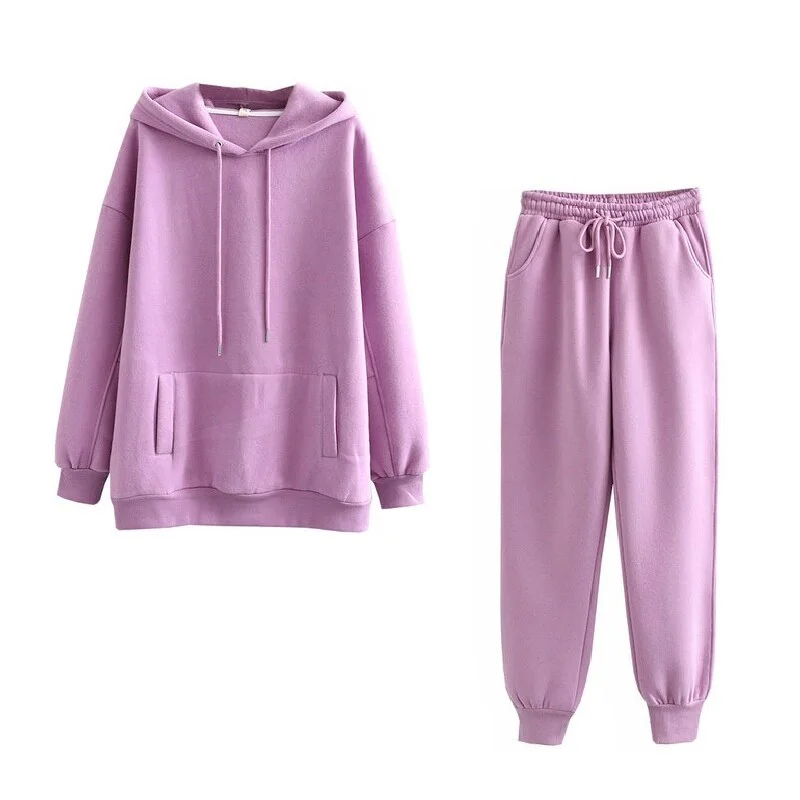 FTLZZ 2020 New Autumn Winter Women Thick Fleece 100% Cotton Suit 2 Pieces Sets Hoodies Sweatshirt and Pants Suits