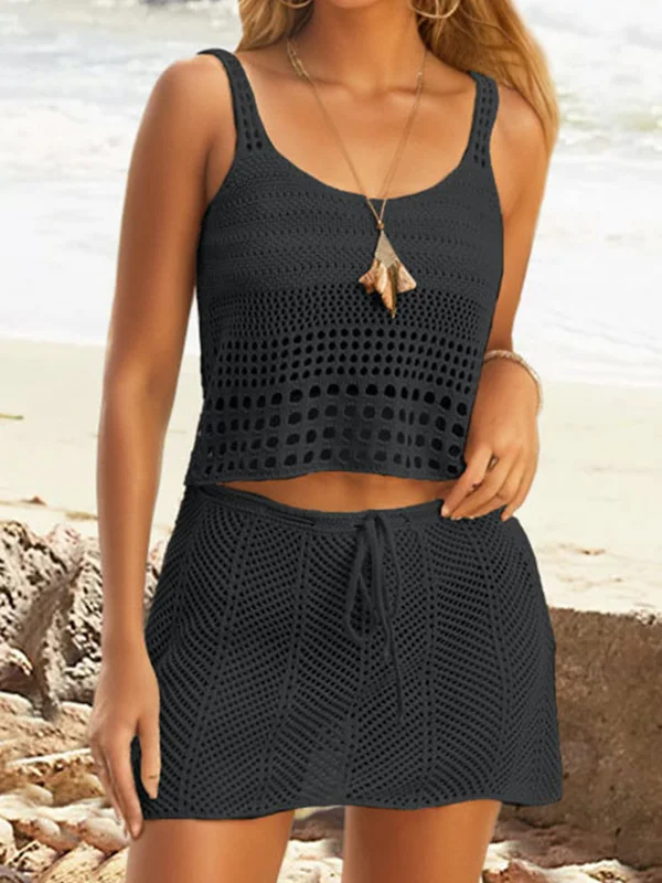 Solid Color Round-Neck Loose Sleeveless Drawstring Hollow See-Through Vest Top + Skirts Bottom Two Pieces Set