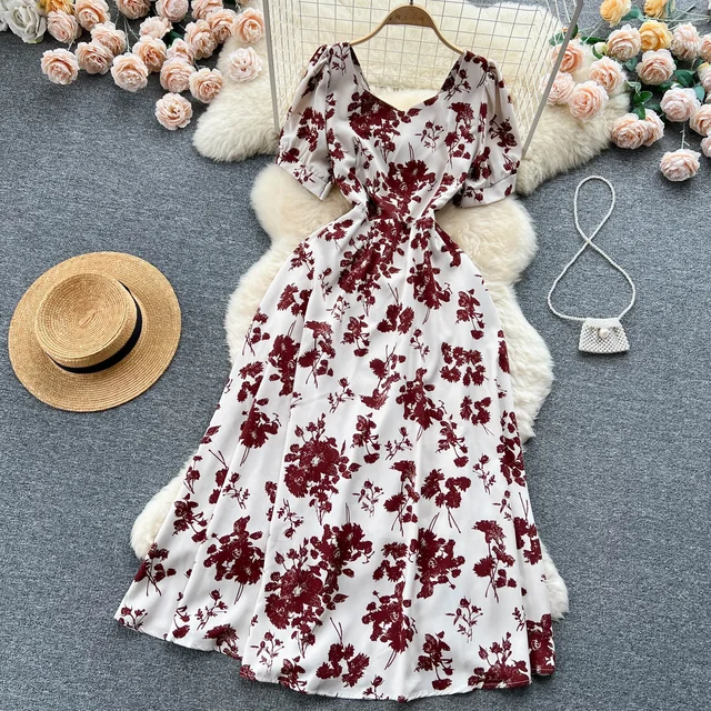 Women's Summer Outfits Square-Collar Printed Contrast Dress