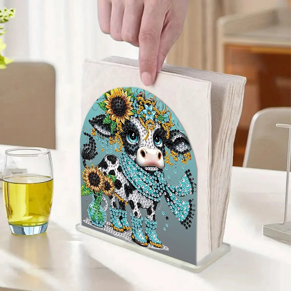 5D DIY Acrylic Cow Diamond Art Painting Napkin Holder Set Home Decor