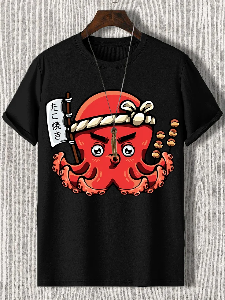 100% Cotton Men's Octopus Chef And Takoyaki Japanese Art Print Casual T-Shirt