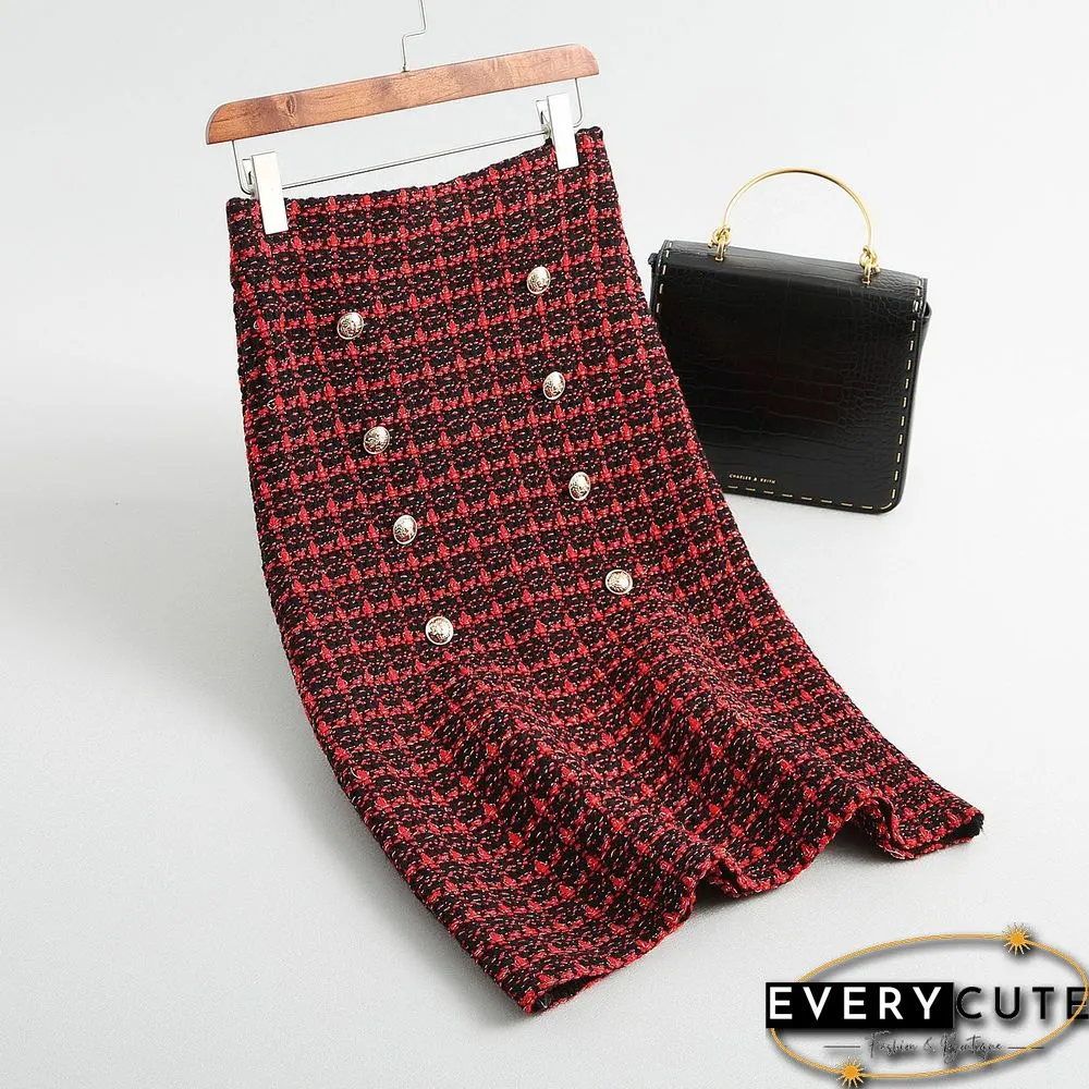 Spring Autumn Vintage Plaid Tweed Knitted Midi Skirt Womens Metal Button Elegant Office