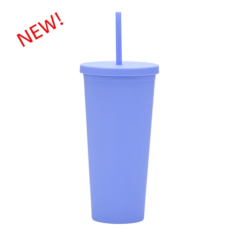 Double-layer Plastic Straw Cup With Lid 24oz Large-capacity Plastic Frosted Ready-to-hand Water Cup