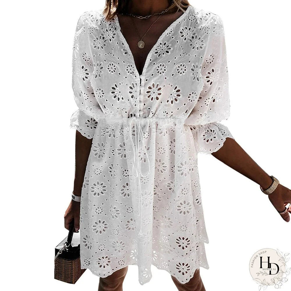 Women Sexy V Neck Dress Solid White Half Sleeve Summer Lace Embroidery Hollow Out Stretch Waist Female Printed Vestidos D30